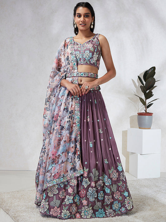 Dark Lavender Georgette Sequins and thread embroidery Lehenga