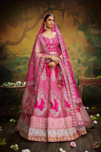 Pink Pure Silk Moti & Zarkan heavy embroidery Lehenga