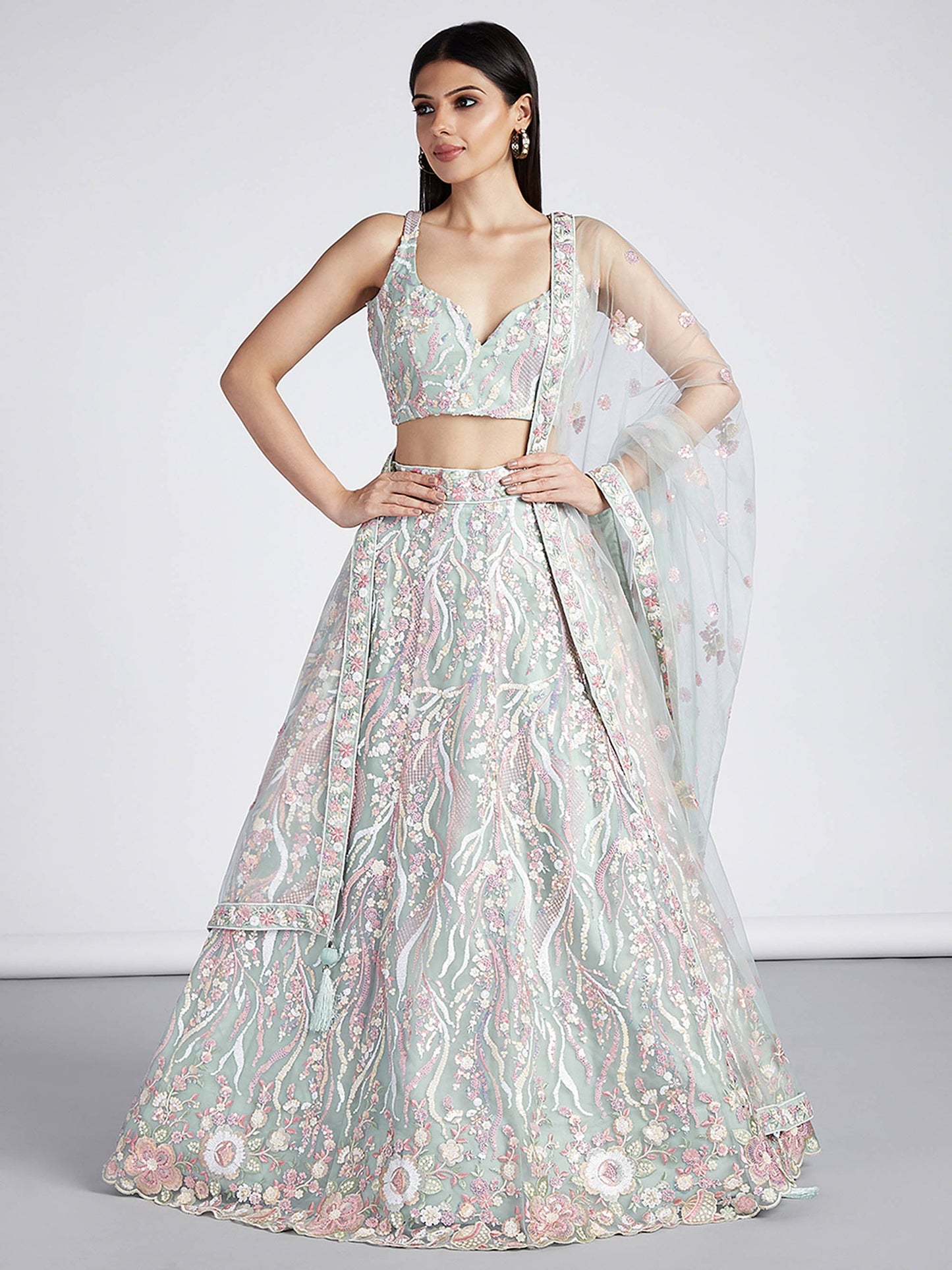 Lime Green Net Sequins and thread embroidery Lehenga choli & Dupatta