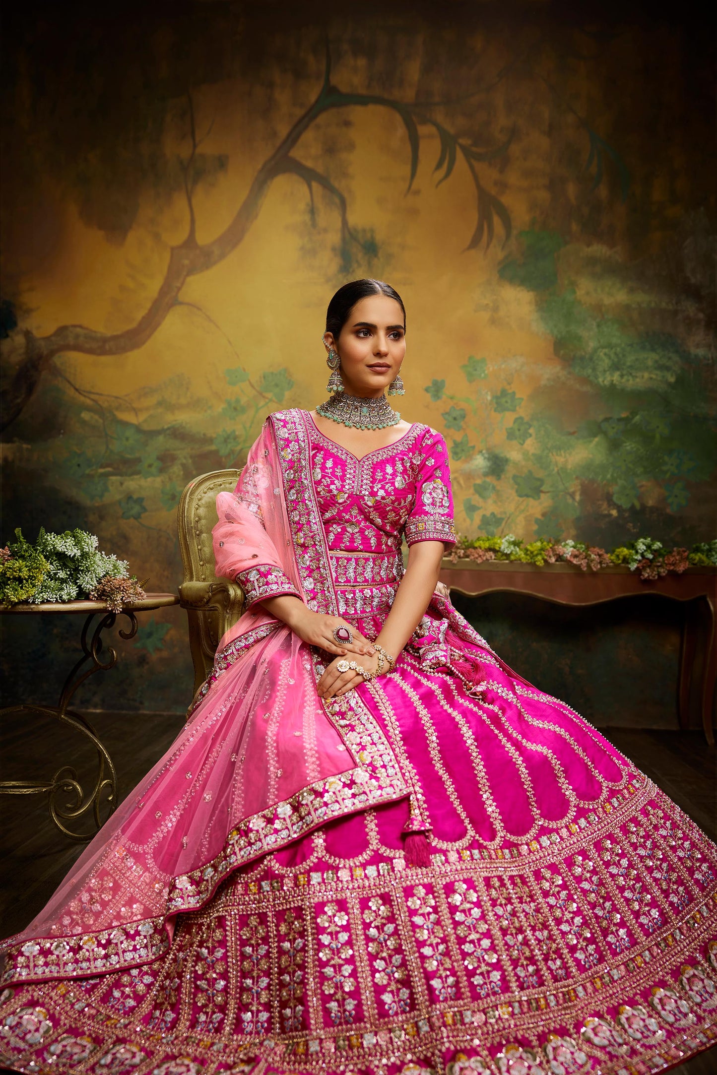 Pink Pure Silk Moti & Zarkan heavy embroidery Lehenga