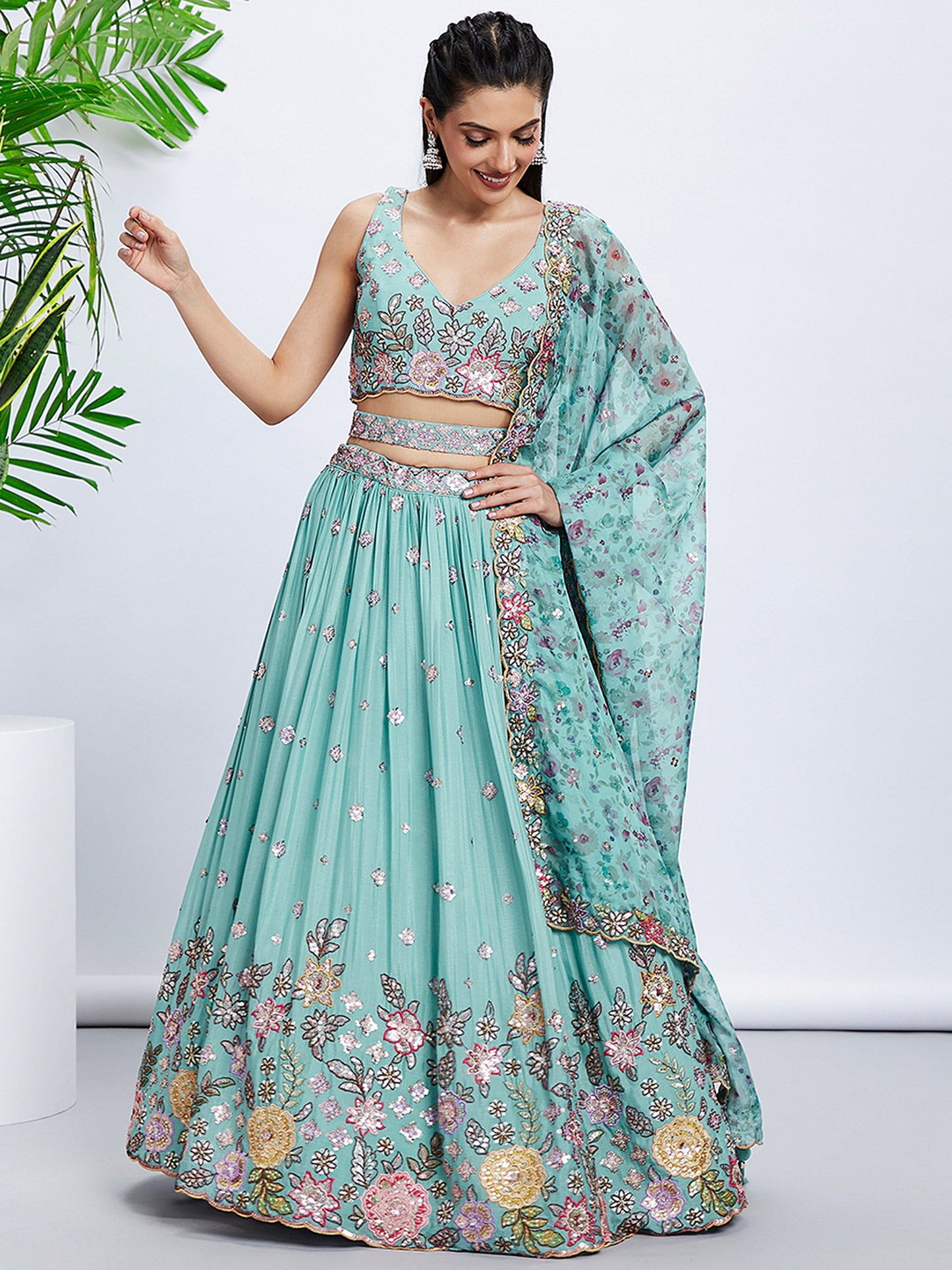 Turquoise blue Chiffon Sequins and thread embroidery Lehenga