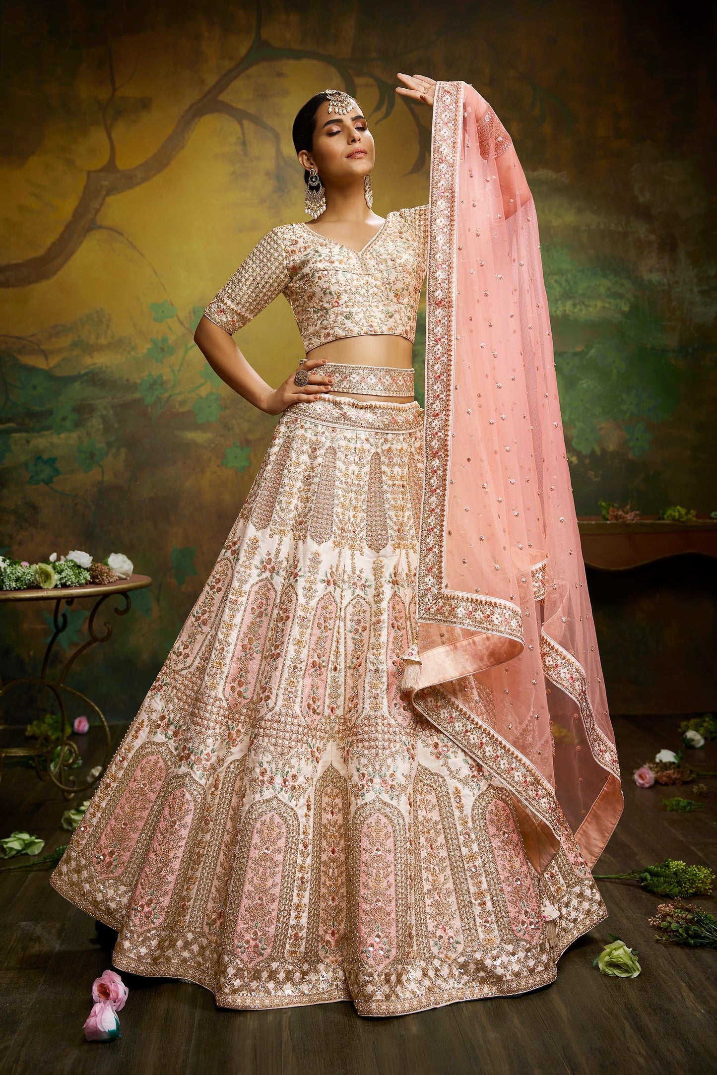 Off White Pure Silk Moti & Zarkan heavy embroidery Lehenga