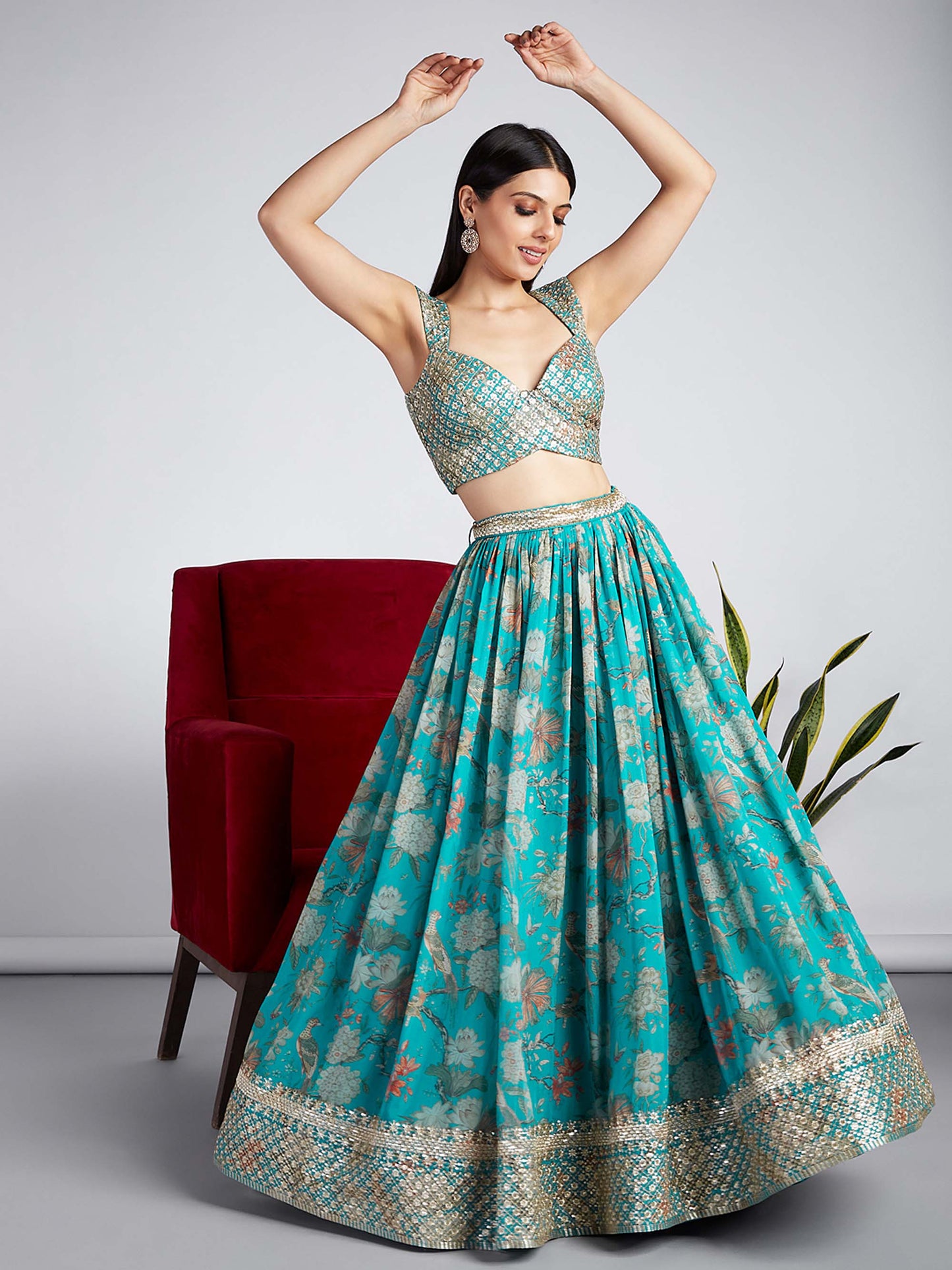 Sea green Organza Floral design digital print Lehenga