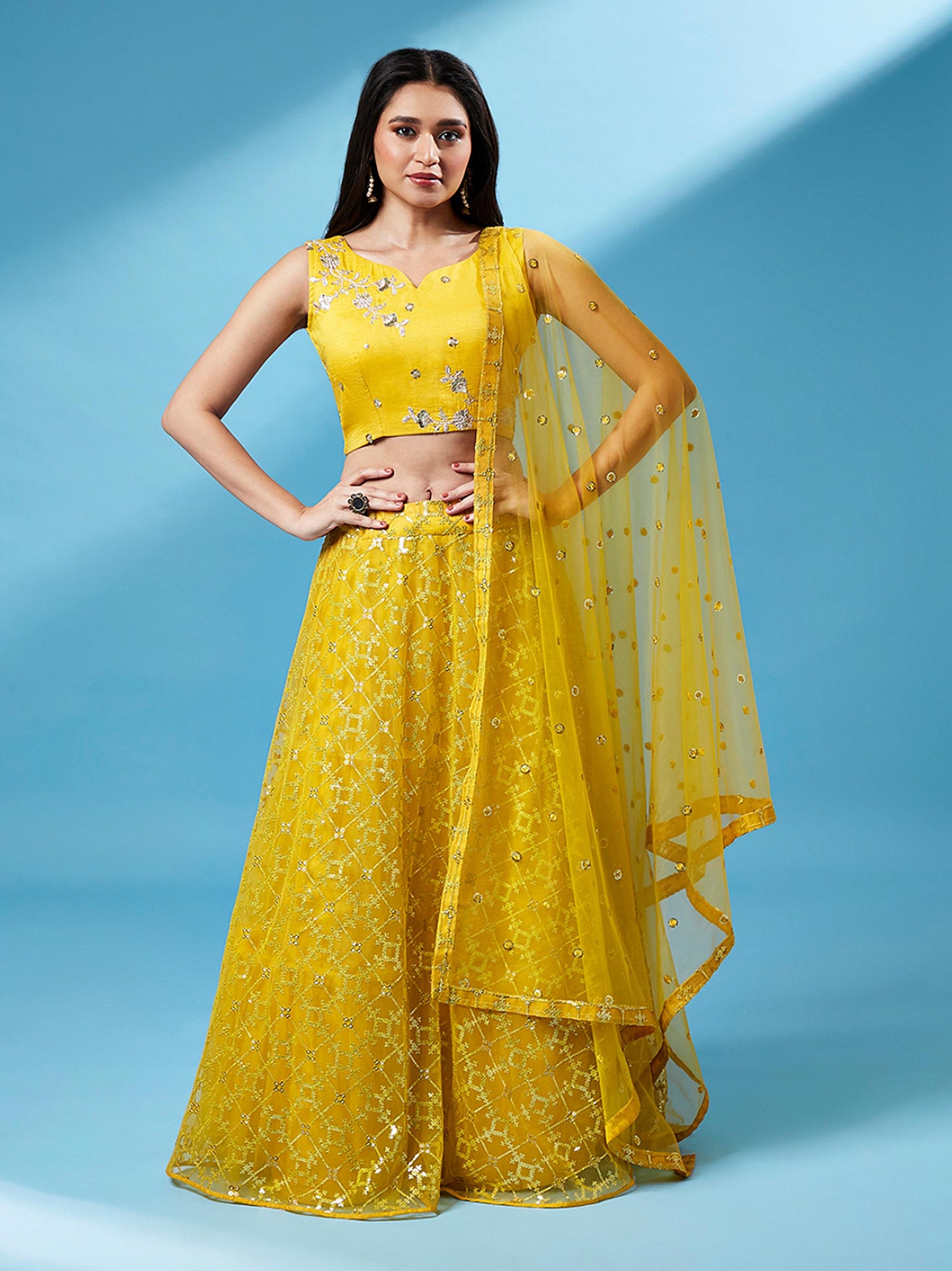 Mustard Net Sequinse Work Lehenga