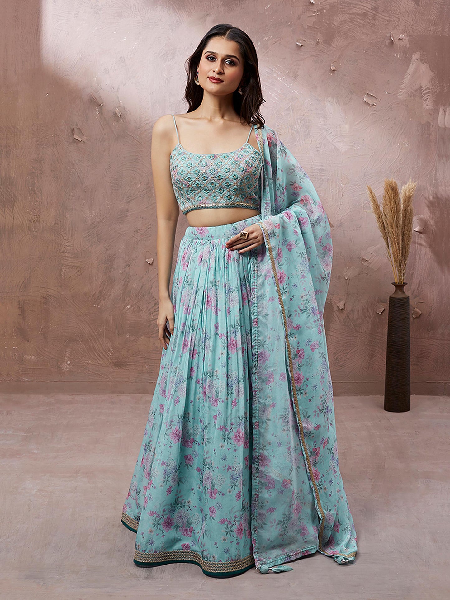 Turquoise Blue Organza Floral Printed Lehenga choli & Dupatta