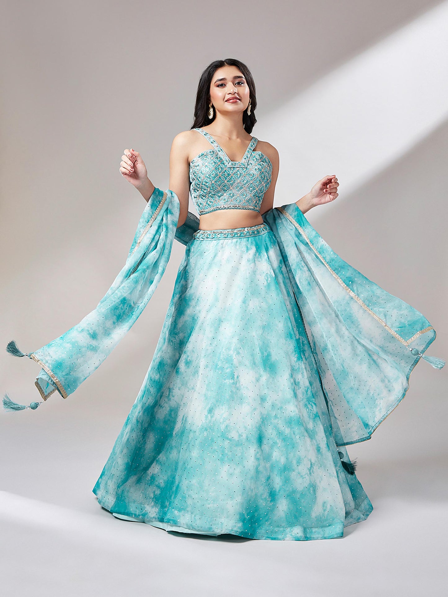 Turquoise Blue Organza Floral Printed Lehenga