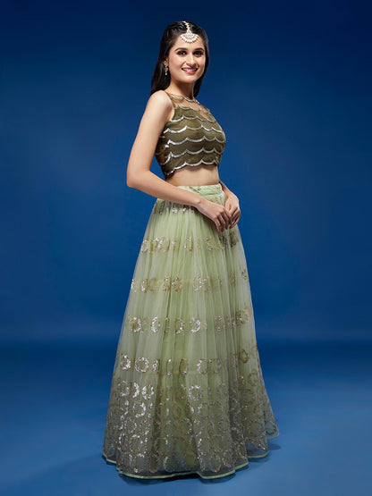 Lime Green Net Embroideried Round Sequins Lehenga