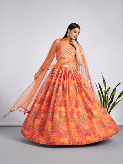 Orange colour Organza Treditional design digital print Lehenga