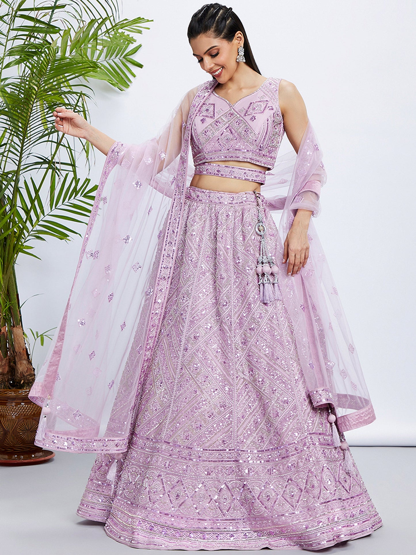 Lavender Net Cutdana, Sequins and Zarkan embroidery Lehenga