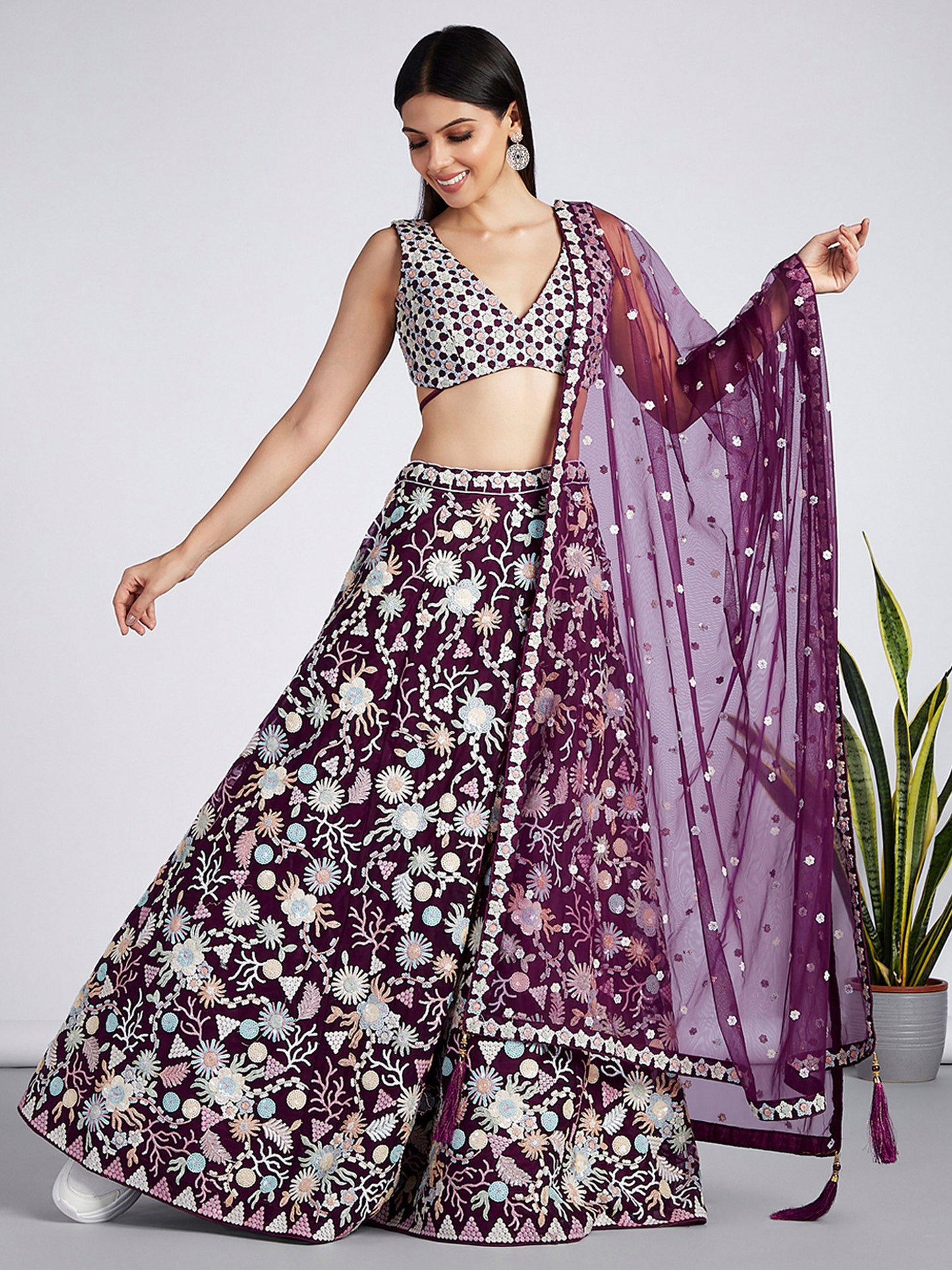 Burgundy Net heavy Sequins embroidery Lehenga