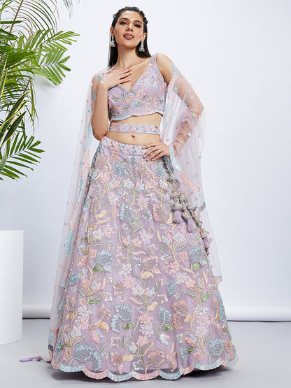 Mauve Net Sequins and thread embroidery Lehenga