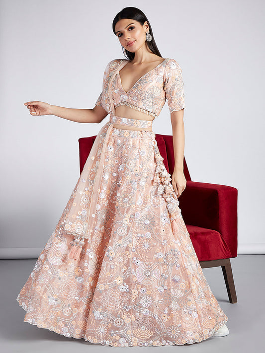 PEACH Organza Sequins, Zarkan and thread embroidery Lehenga