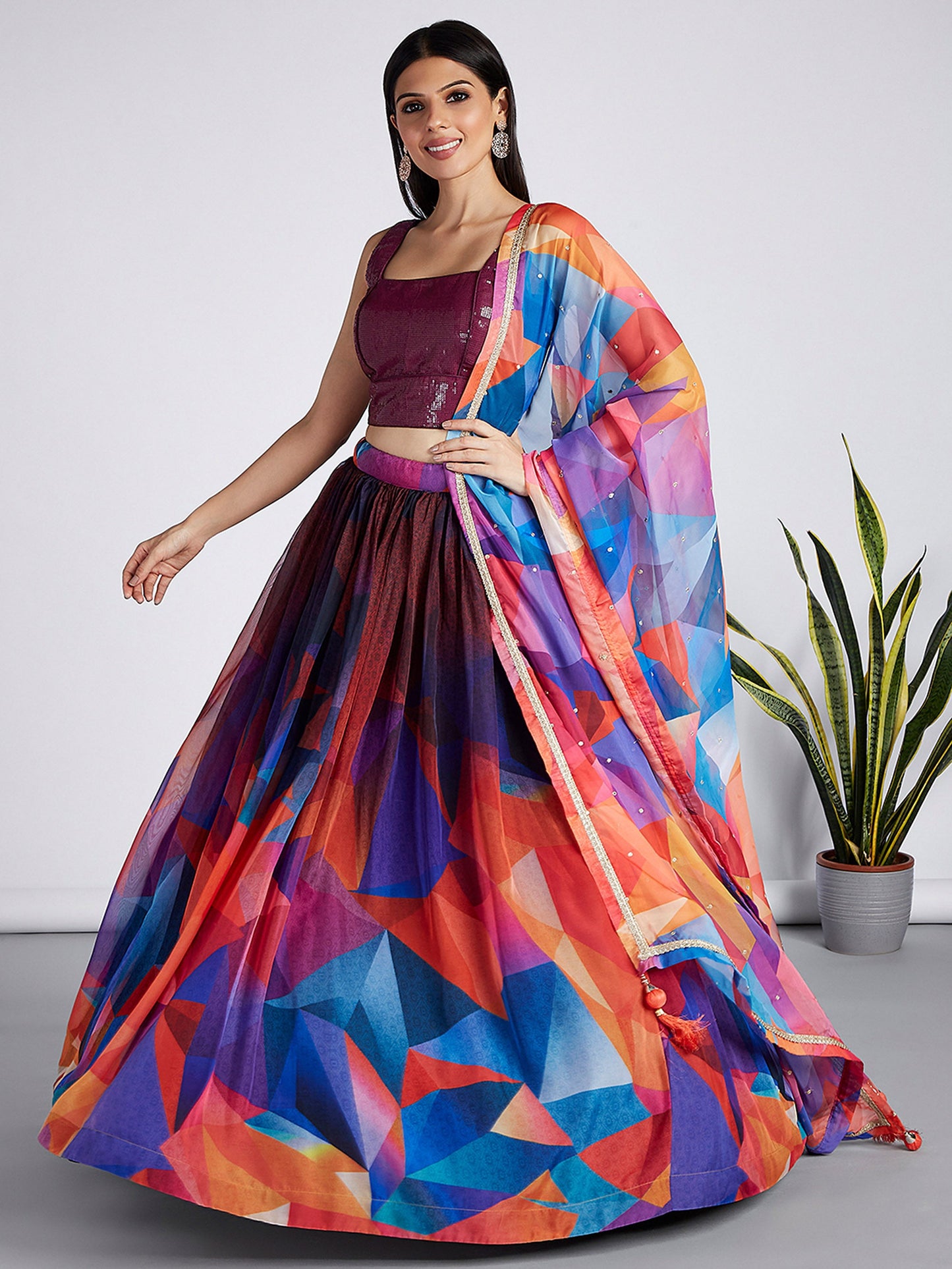 Multi colour Organza Abstrack design digital print Lehenga