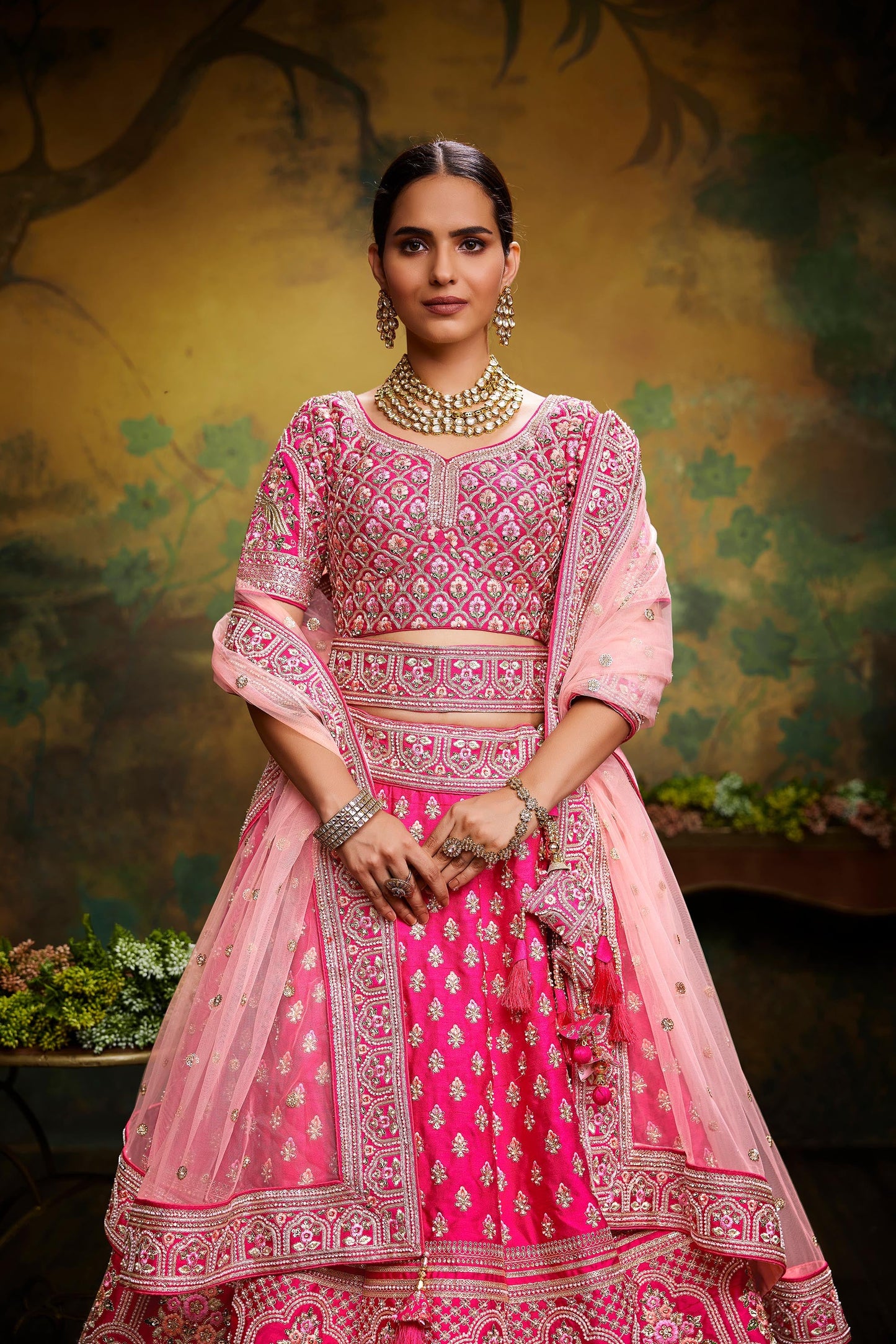 Pink Pure Silk Moti & Zarkan heavy embroidery Lehenga