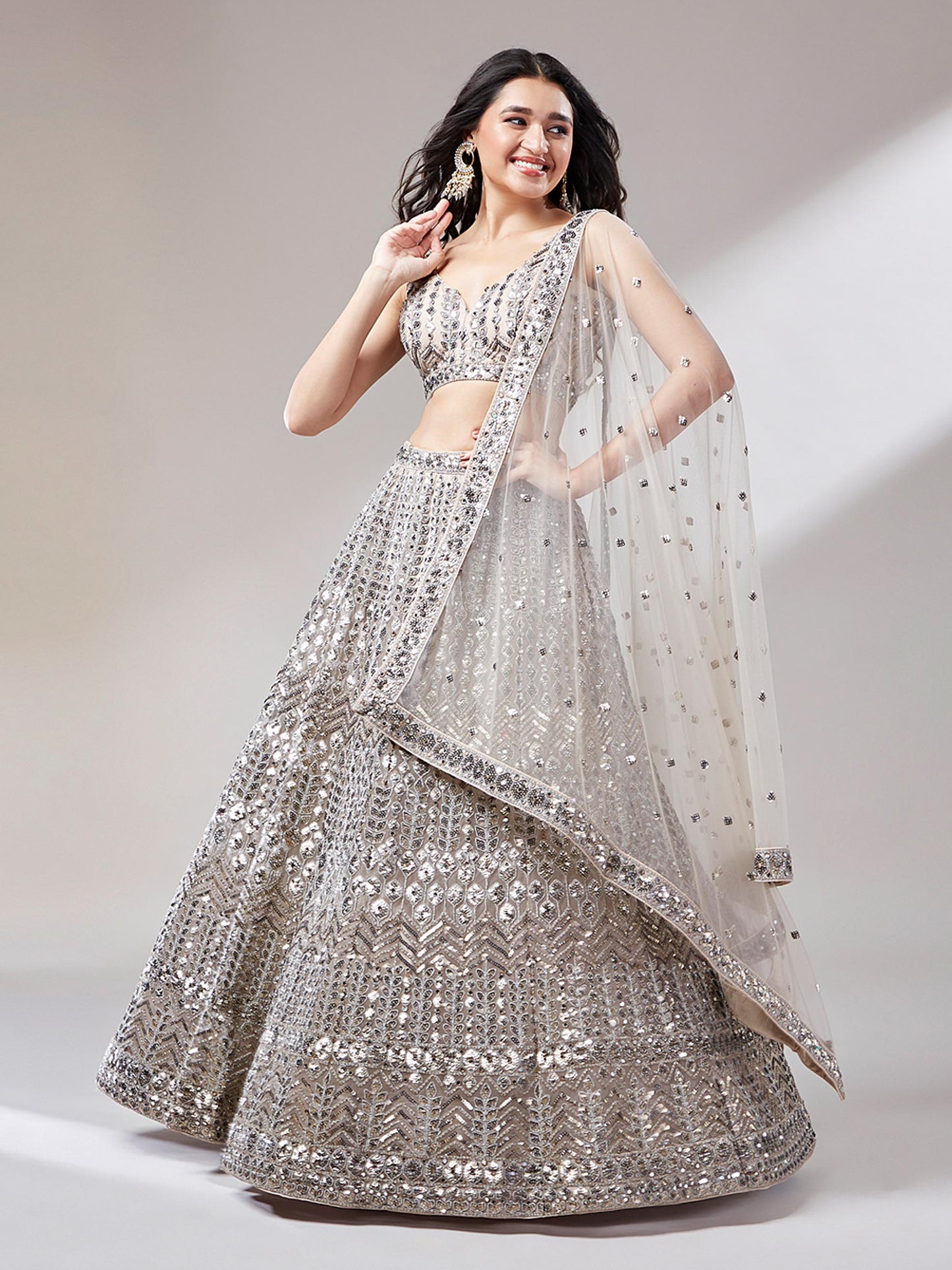 Beige Net Mirror & Sequins Embroiderey Lehenga