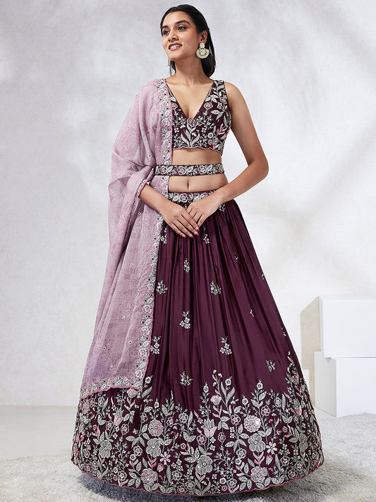 Burgundy  Georgette Sequins and thread embroidery Lehenga