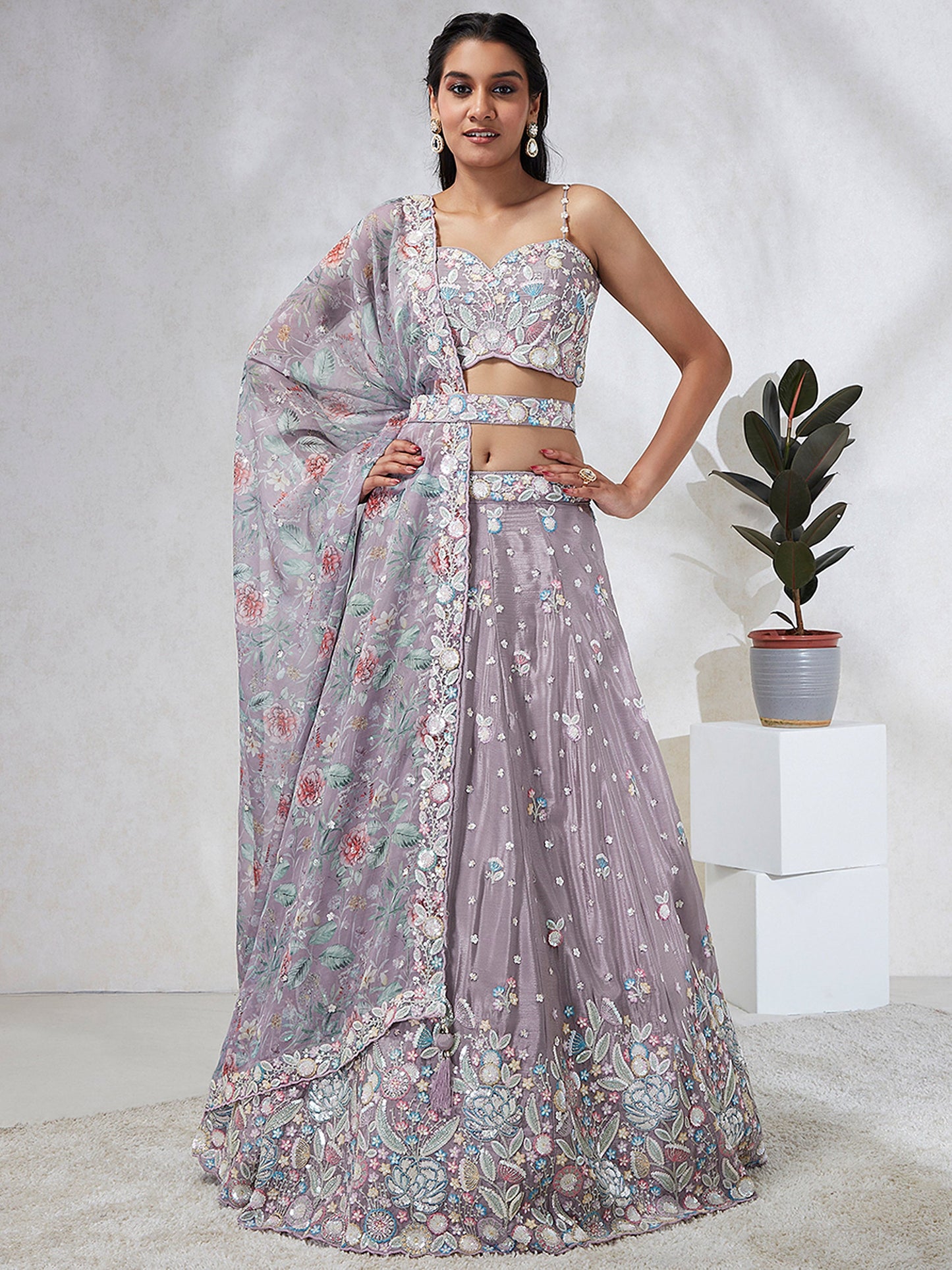 Mauve Chiffon Sequins and thread embroidery Lehenga