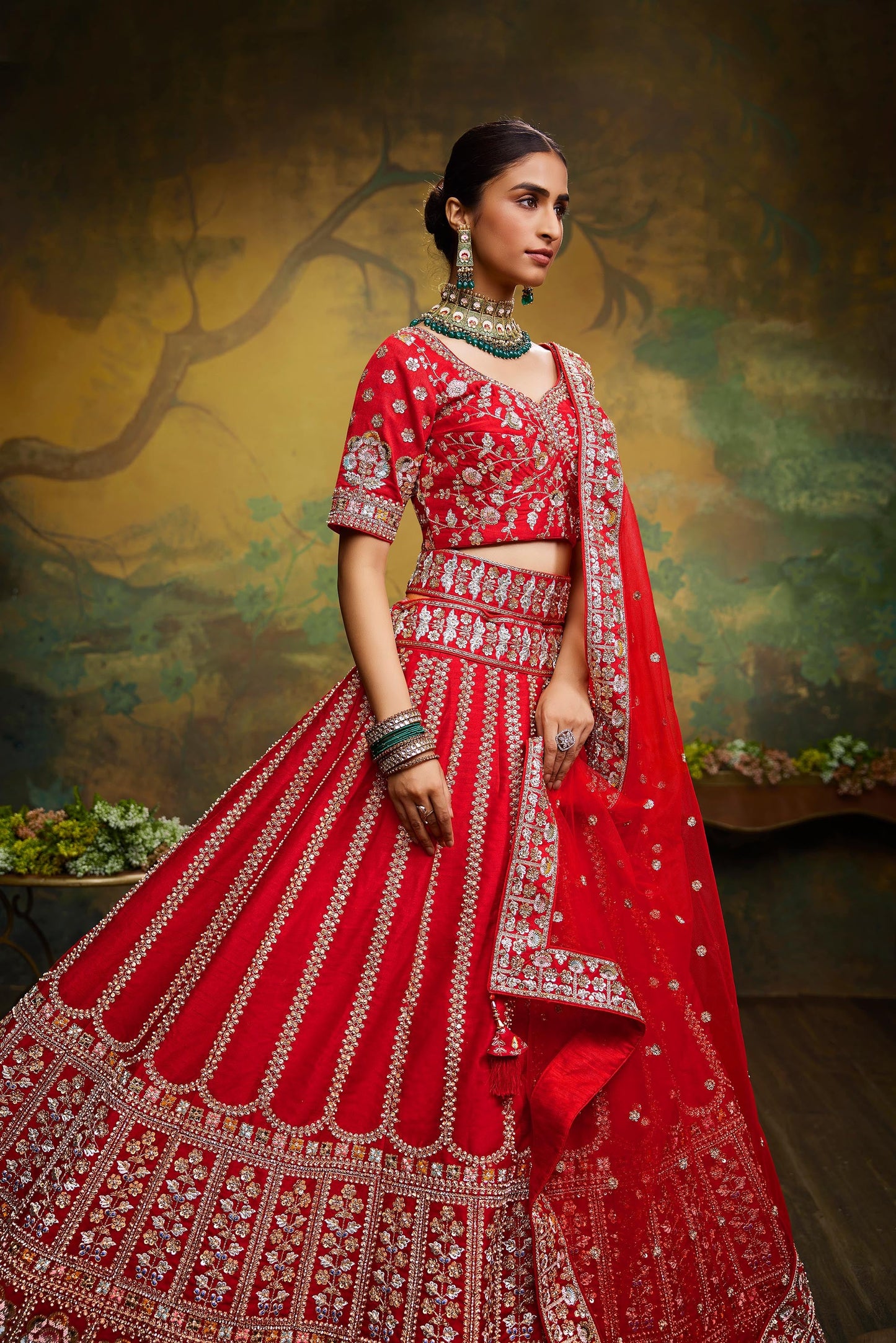 Red Pure Silk Moti & Zarkan heavy embroidery Lehenga