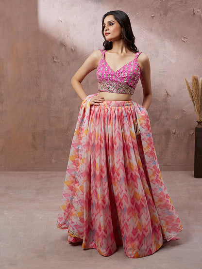 Pink Organza Floral Printed Lehenga choli & Dupatta