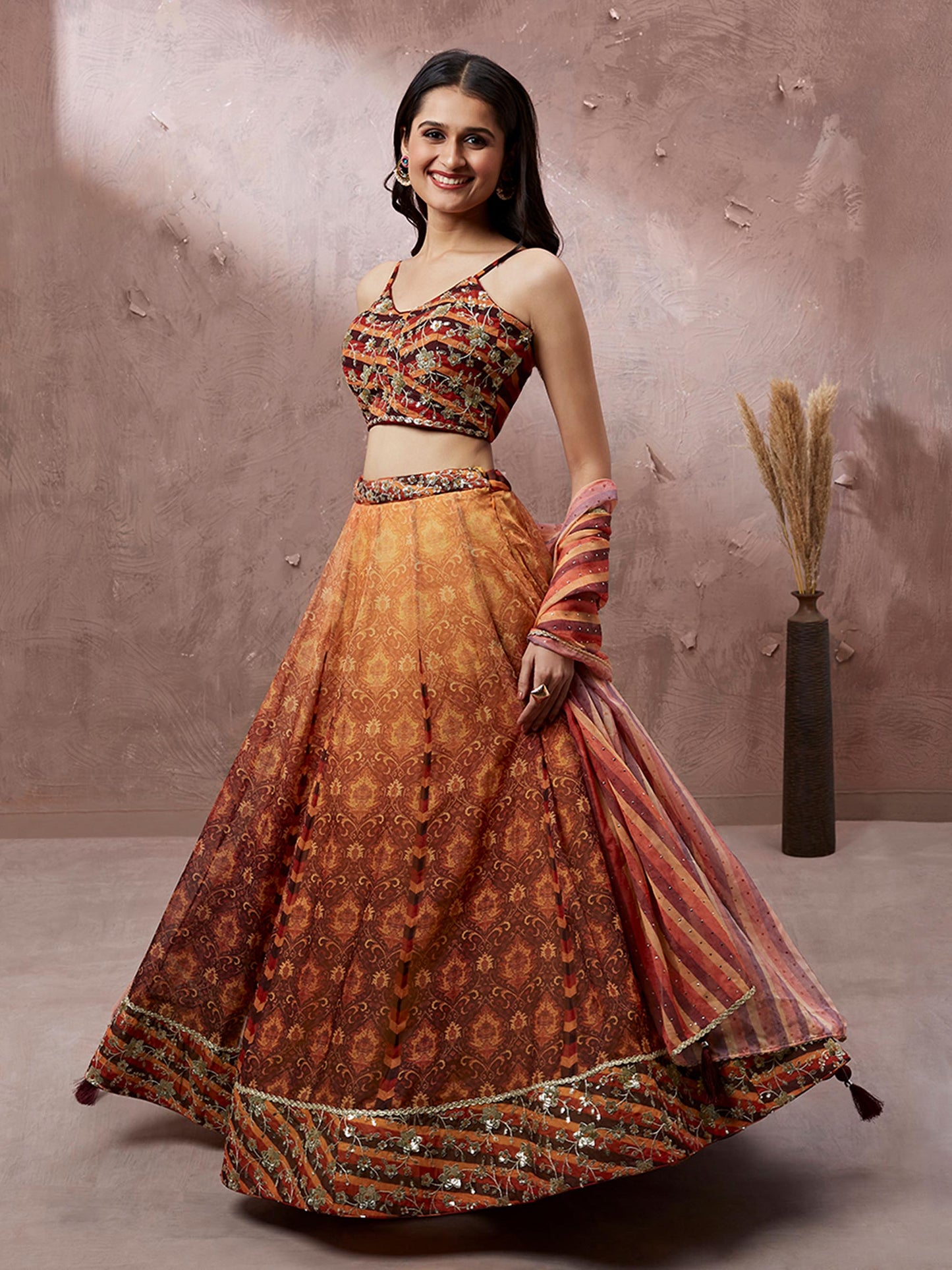 Brown Organza Floral Print and sequinse work Lehenga