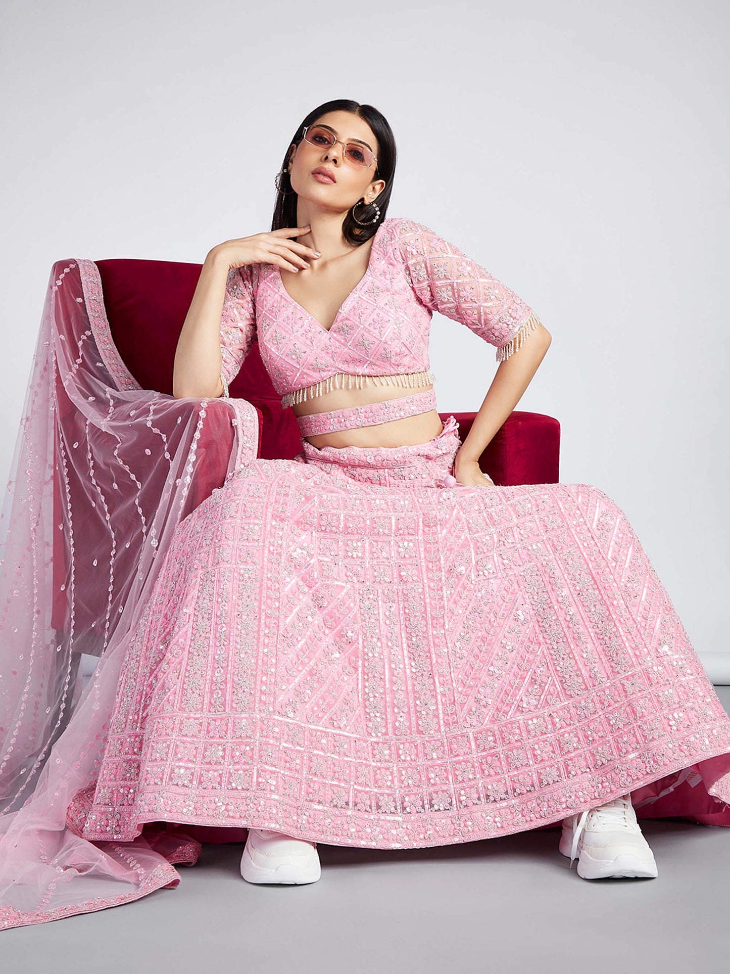 Pink Net Sequins, Zarkan and thread embroidery Lehenga choli & Dupatta