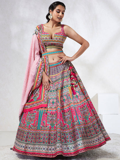 Pink  Georgette Position Printing with siroski Stone work Lehenga