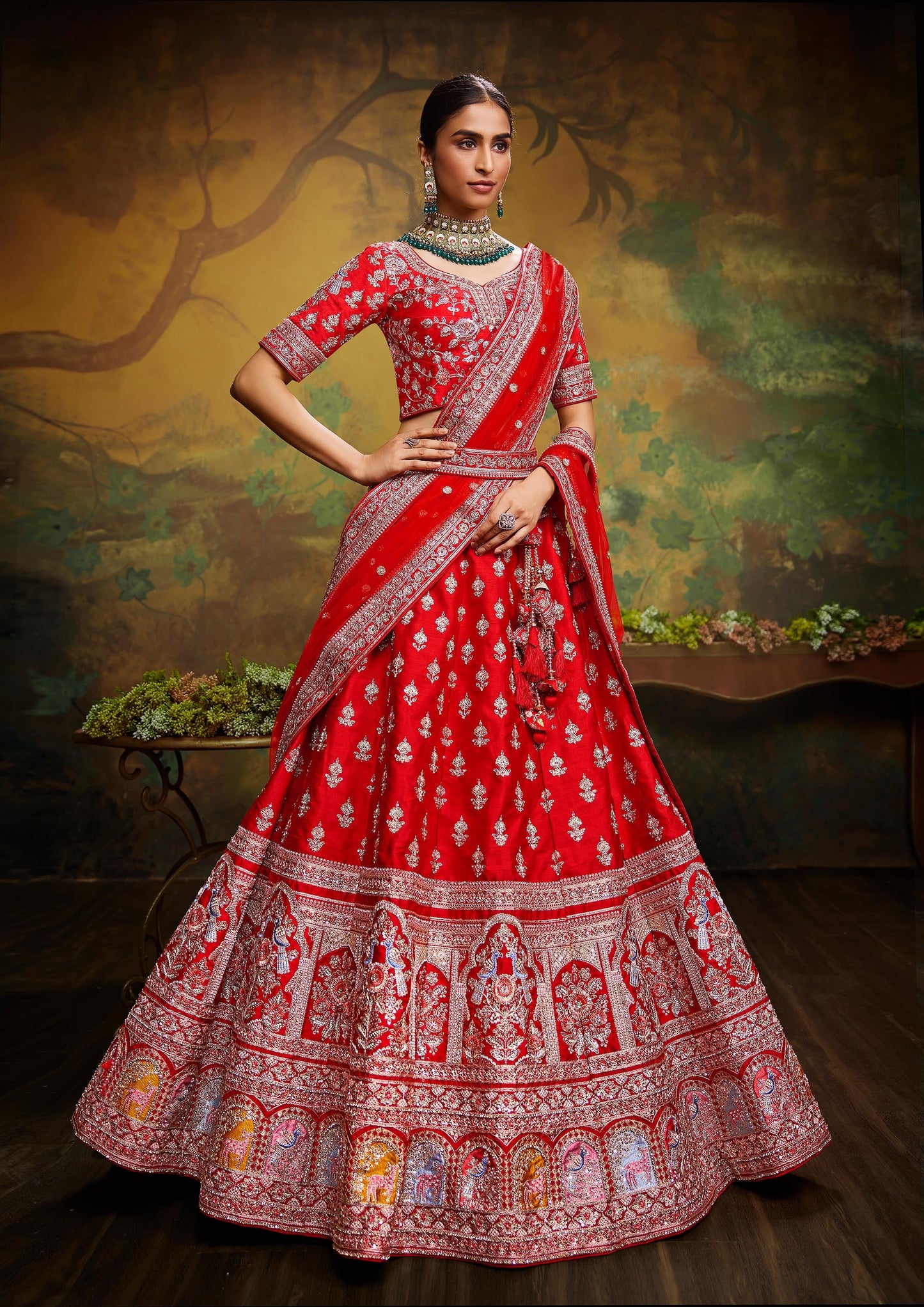 Red Pure Silk Moti & Zarkan heavy embroidery Lehenga