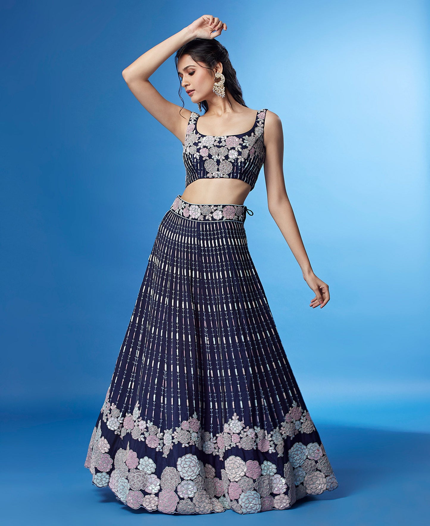 Navy Blue Color Georgette Multi-Sequins Work Lehenga