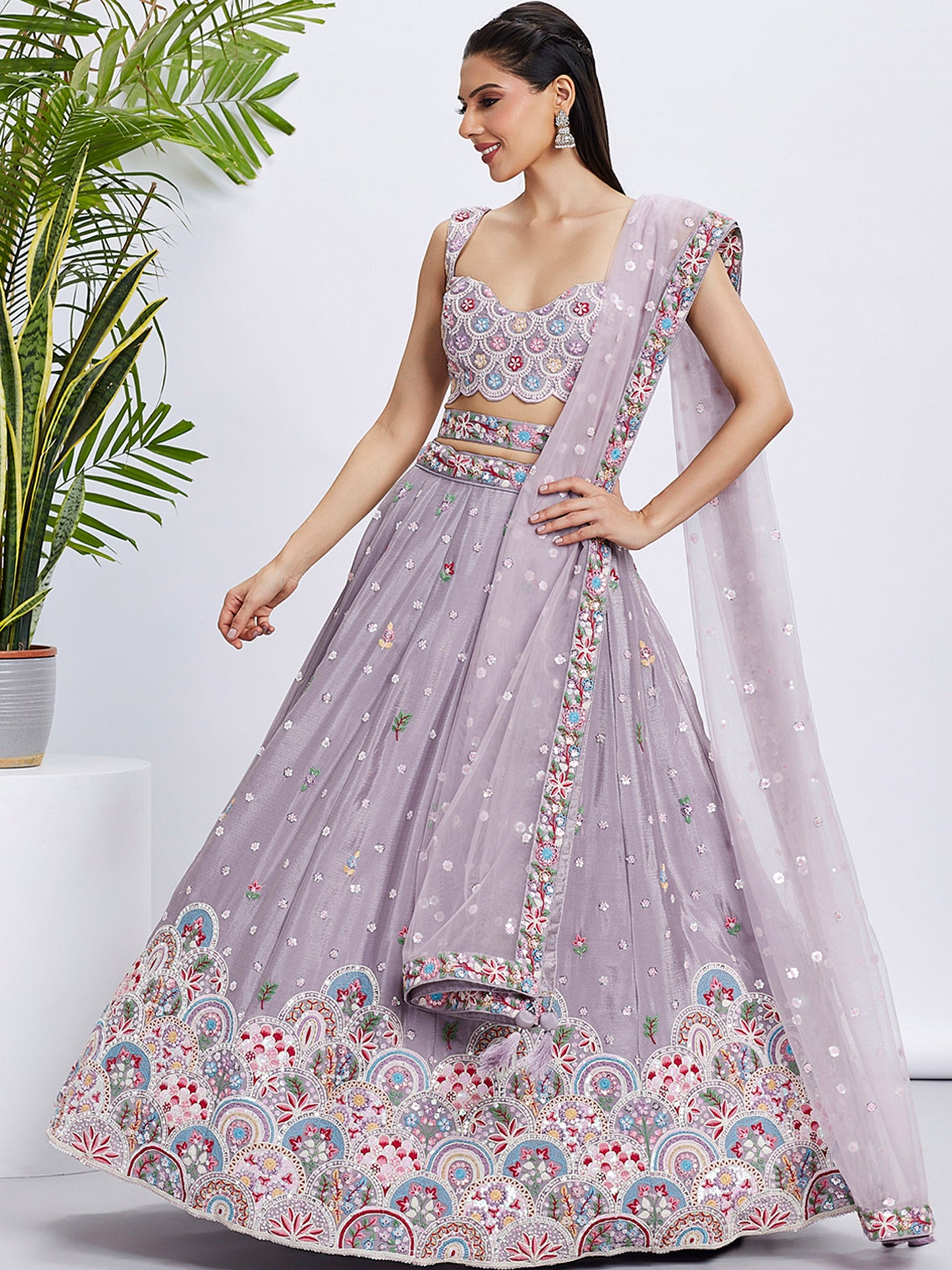 Mauve gold Pure Chiffon Sequins and thread embroidery Lehenga