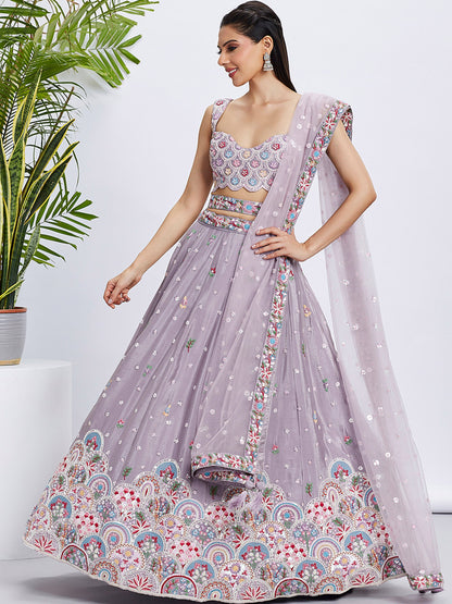 Mauve gold Pure Chiffon Sequins and thread embroidery Lehenga