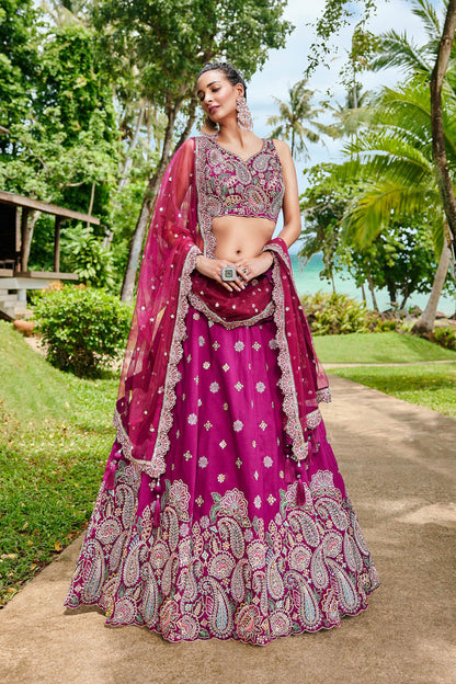 Burgundy Satin Silk Sequins and Zarkan embroidery Lehenga