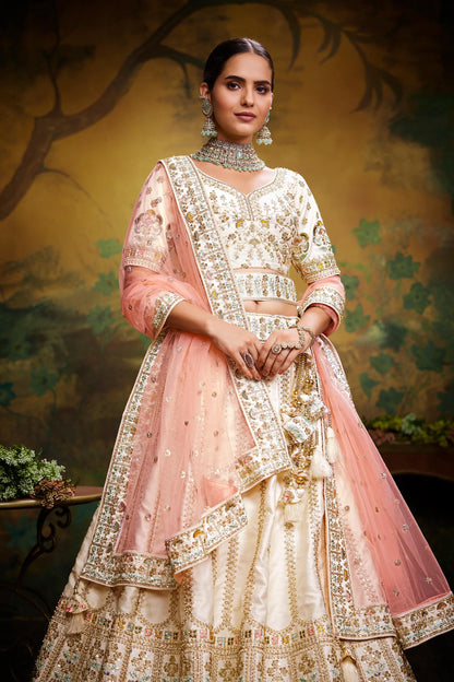 Off White Pure Silk Moti & Zarkan heavy embroidery Lehenga