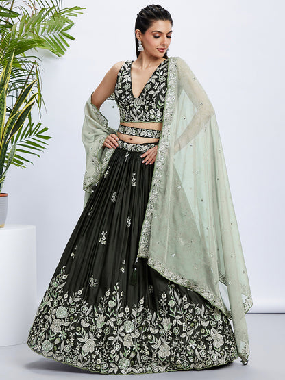 Olive Pure Georgette Sequins and thread embroidery Lehenga