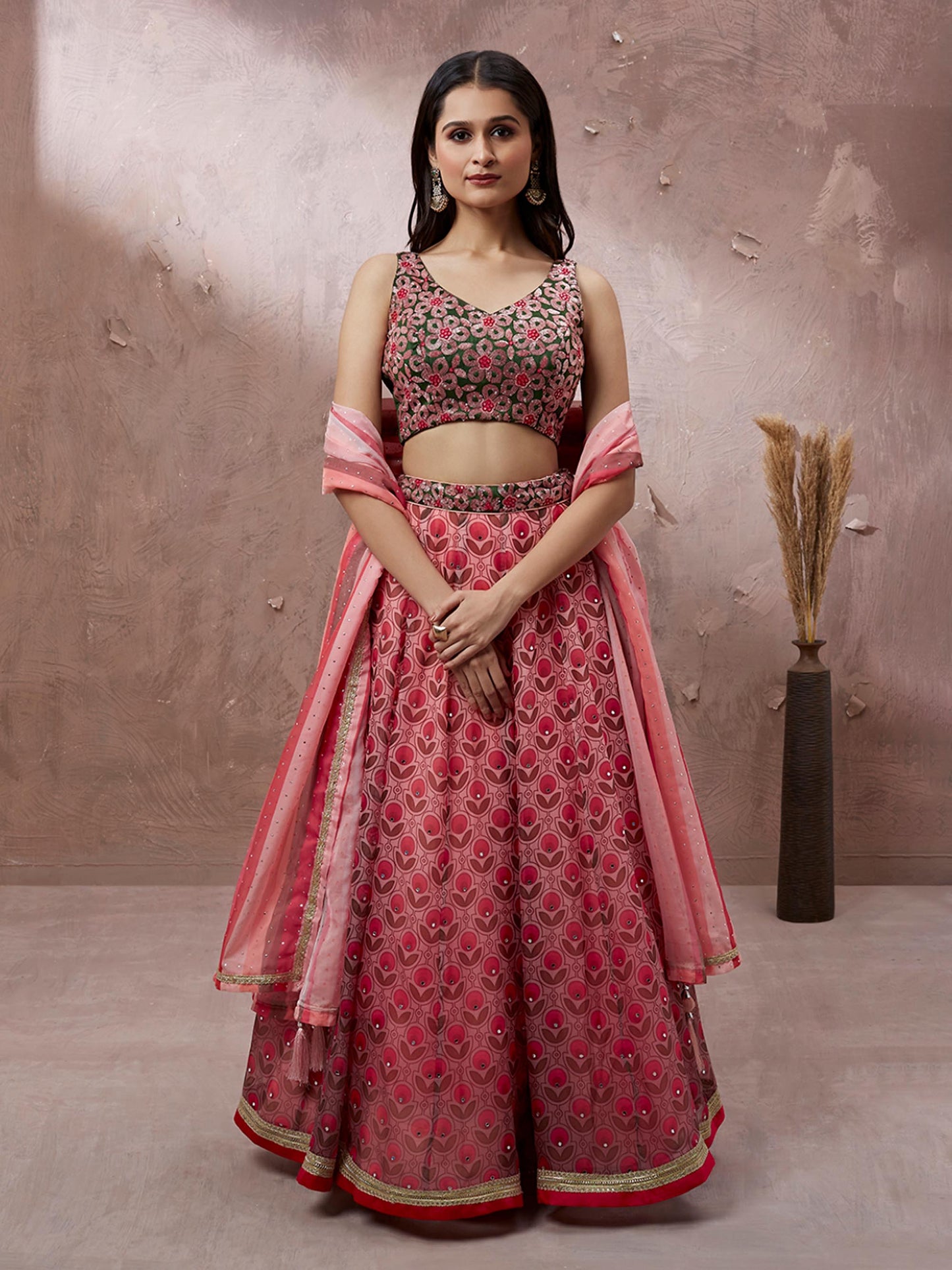 Red Organza Floral Printed Lehenga choli & Dupatta