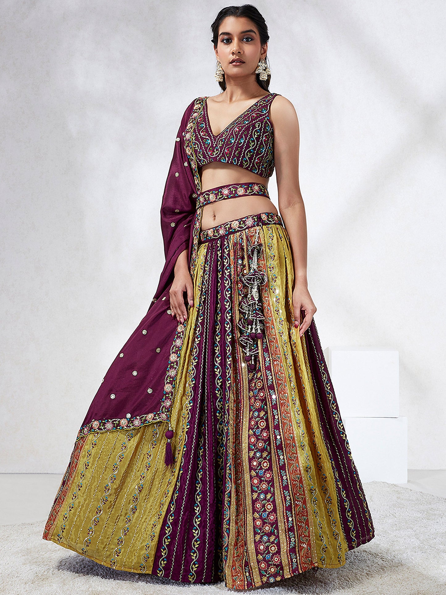 Burgundy Chiffon Position print with Sequins embroidery Lehenga