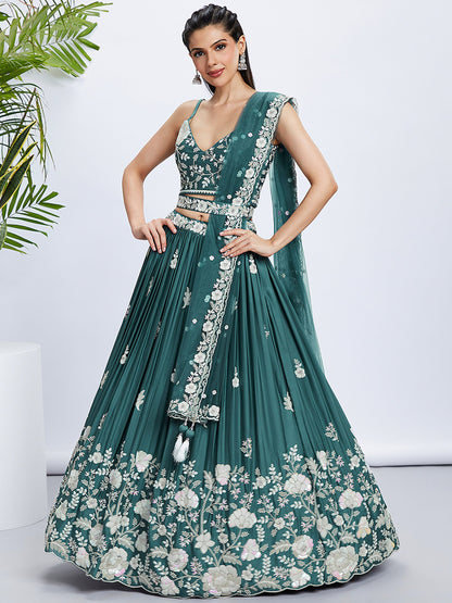 Turquoise blue Pure Georgette Sequins and thread embroidery Lehenga