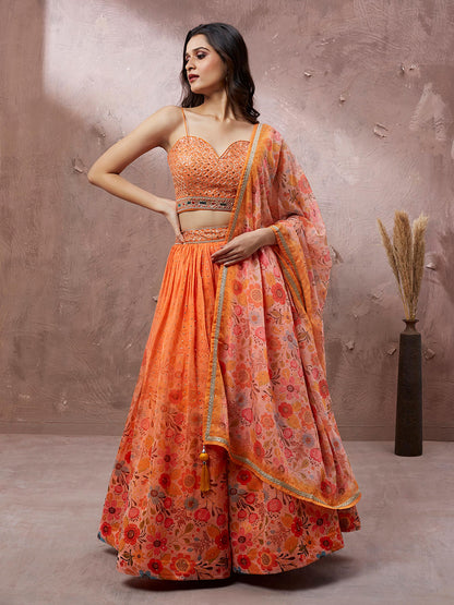 Orange Organza Floral Printed Lehenga choli & Dupatta