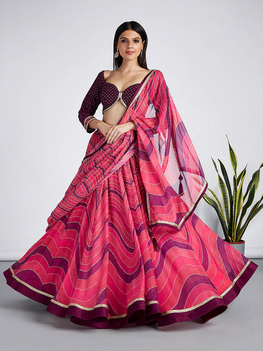 Rose Organza siroski stone work Leheriya print Lehenga