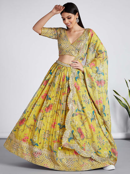 Mustard colour Organza Floral design digital print Lehenga