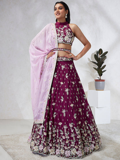 Burgundy  Georgette Sequins and thread embroidery Lehenga