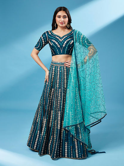 Teal Pure Georgette Sequinse Work Lehenga