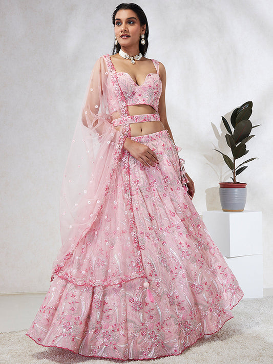 Pink Georgette Sequins and thread embroidery Lehenga