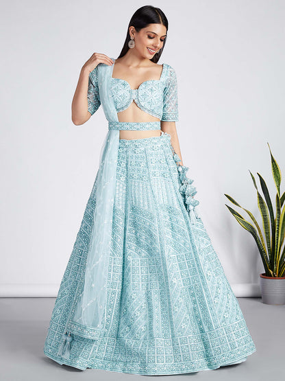 Turquoise blue Net Sequins, Zarkan and thread embroidery Lehenga