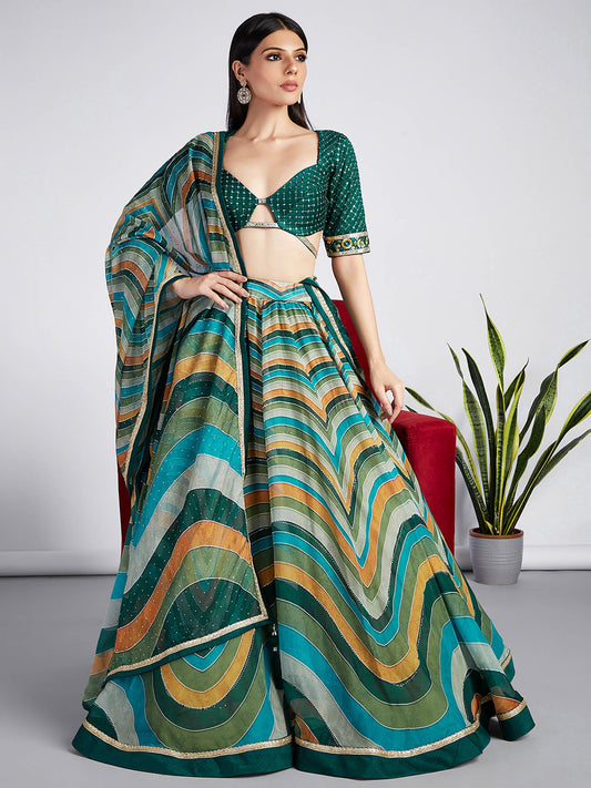 Green Organza siroski stone work Leheriya print Lehenga