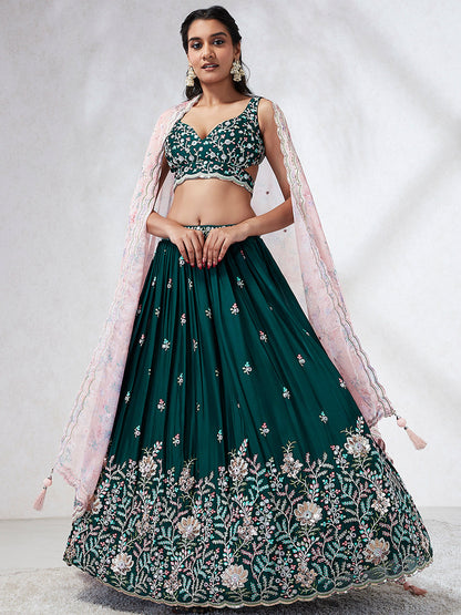 Teal - Georgette Sequins, Mirror and thread embroidery Lehenga choli