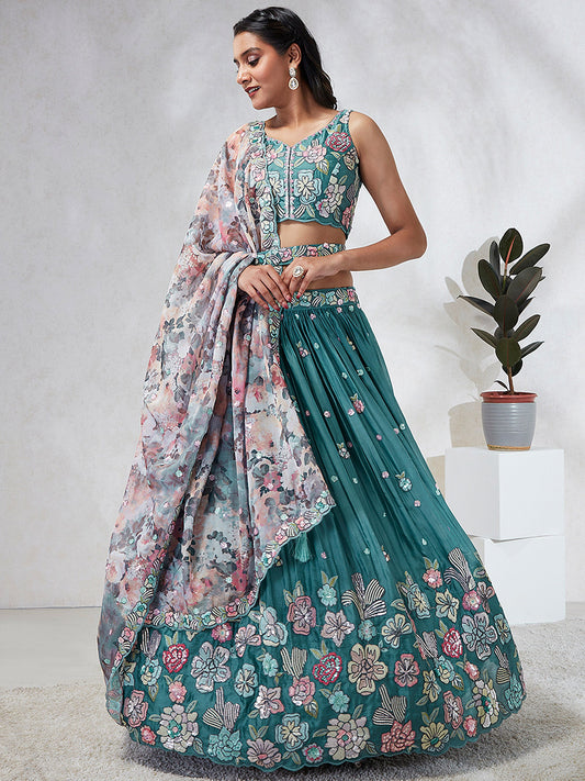 Turquoise blue Georgette Sequins and thread embroidery Lehenga