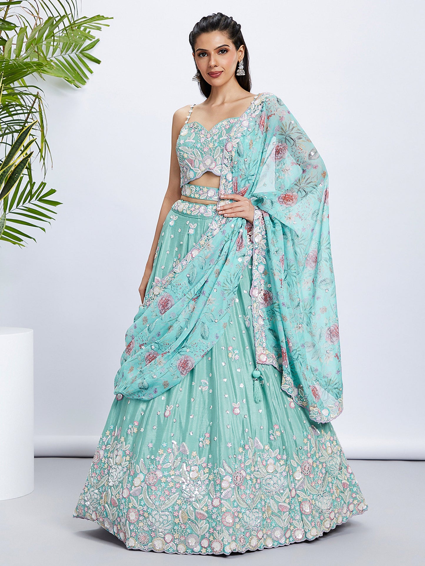 Sea green Chiffon Sequins and thread embroidery Lehenga