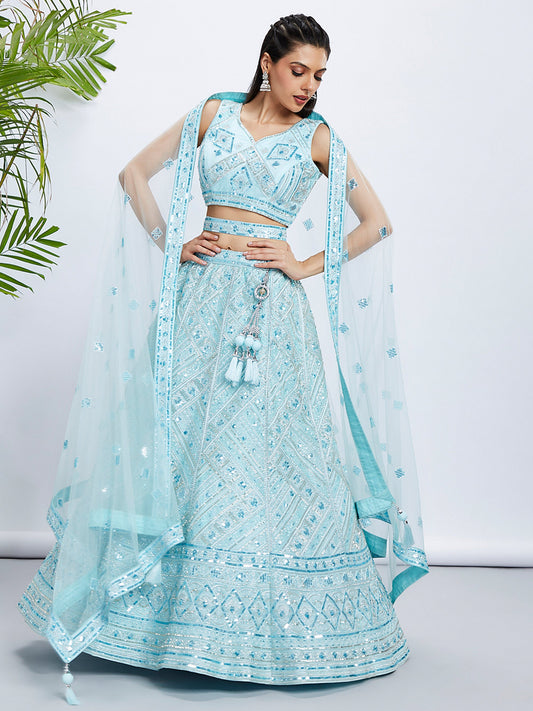 Turquoise blue Net Cutdana, Sequins and Zarkan embroidery Lehenga