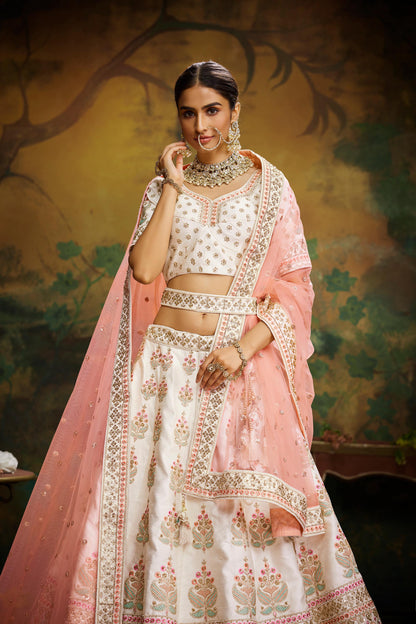 Off White Pure Silk Moti & Zarkan heavy embroidery Lehenga