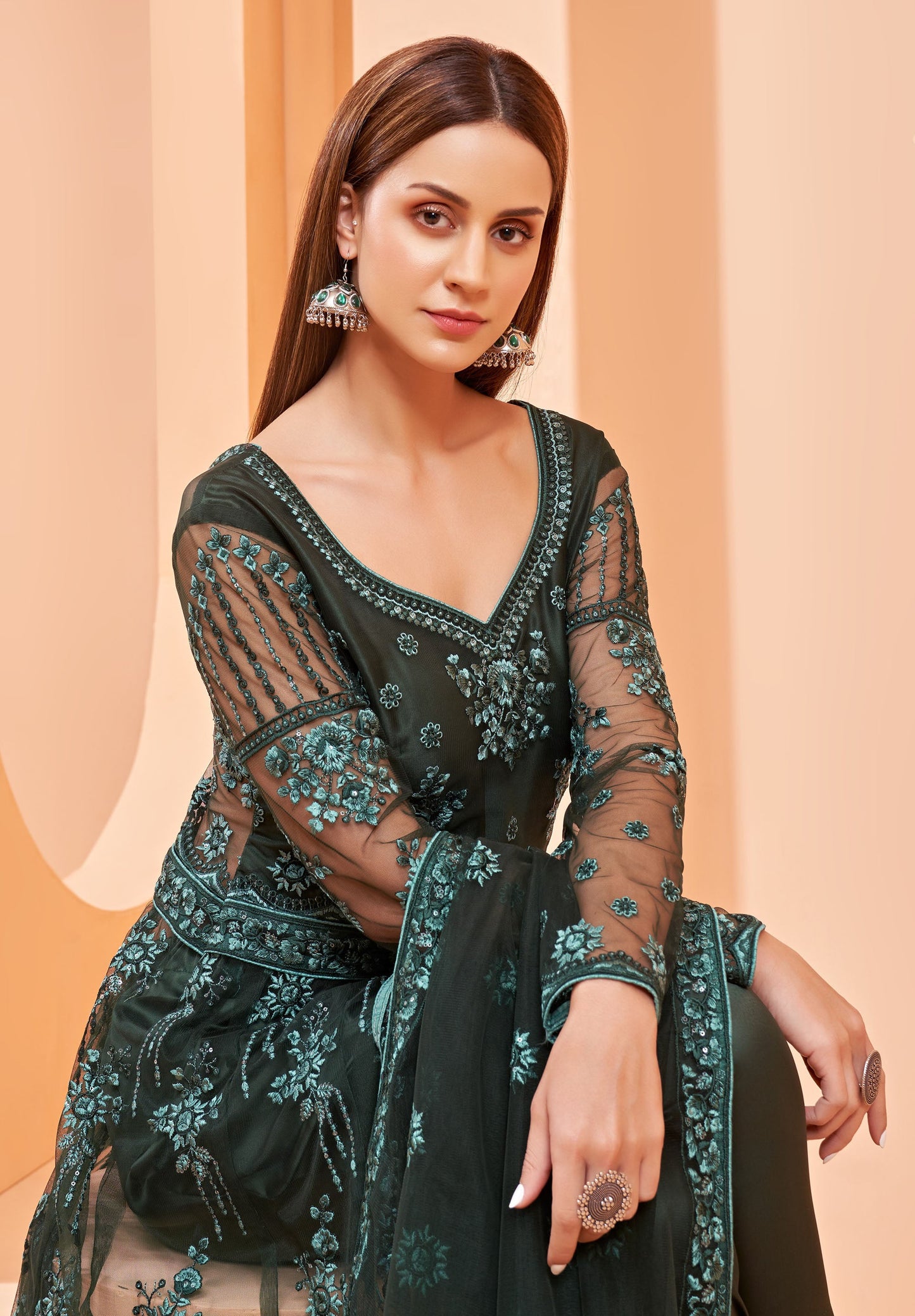 Dark Green Indo Western Net Embroidery Anarkali